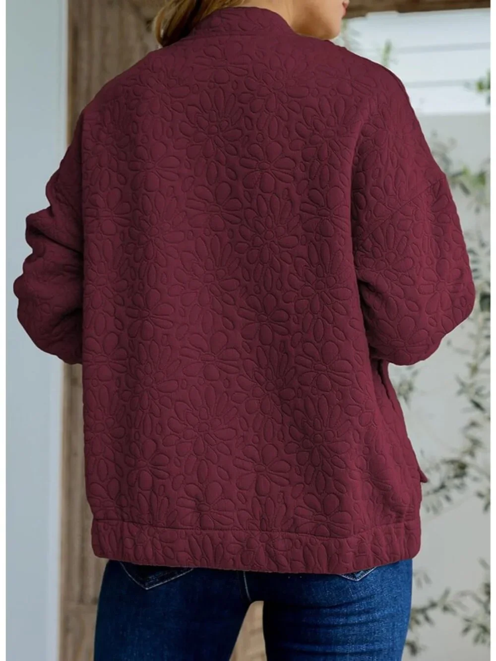 Women's Burgundy Lightweight Stand Collar Long Sleeve Outerwear Bomber Jacket
